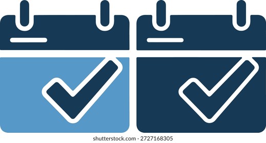 Ilustración vectorial de dos íconos de calendario con marcas de verificación en tonos azules sobre un fondo blanco puro, que simbolizan la organización y la planificación