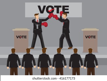 Vector illustration of two candidates fighting on stage and banner behind says Vote. 