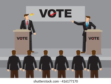 Vector illustration of two candidates on stage behind podium having a fiery debate with banner behind says Vote. 