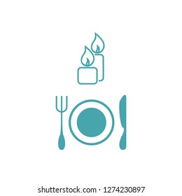 Vector illustration two candles, plate, fork and knife. Set of vector symbols. Table layout to a formal dinner party. A family dinner by candlelight. Flat design Monohrome