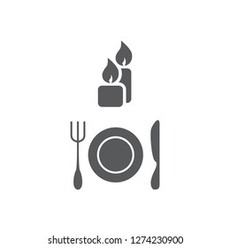 Vector Illustration Two Candles, Plate, Fork And Knife. Set Of Vector Symbols. Table Layout To A Formal Dinner Party. A Family Dinner By Candlelight. Flat Design Monohrome