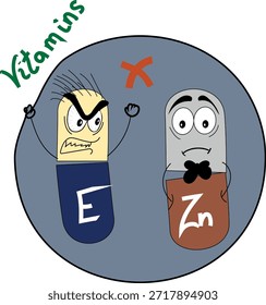 Ilustración vectorial con dos cápsulas que muestran zinc y vitamina E como nutrientes incompatibles