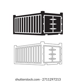 Ilustração vetorial de dois contêineres de transporte de carga, apresentando um ícone preto sólido e um desenho de esboço preciso para logística e conceitos de comércio global.