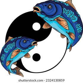 vector illustration of two carp fishes in the circle of yin yang symbol.