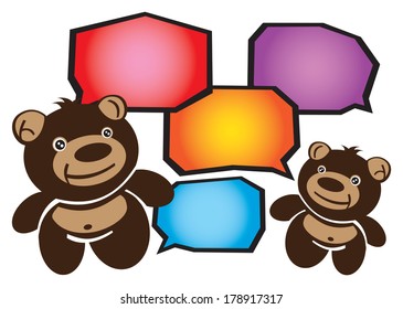 Vector illustration of two cartoon brown teddy bears conversing. Speech bubbles for text input