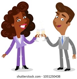 Vector illustration of two cartoon business people raising glasses of champagne isolated on white background