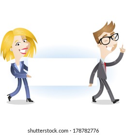 Vector illustration of two cartoon business people walking and carrying a blank message board.