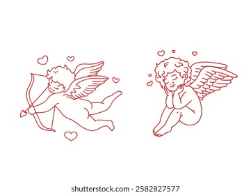 Vector Illustration of two Cartoon Character for Valentines Day. Character amour cupid valentines day.Cartoon angel shoots hearts from a bow