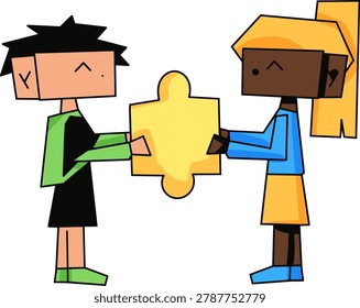 Vector illustration of two cartoon children holding a puzzle piece together