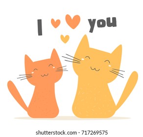 Vector illustration of two cartoon cute cats. Lovely happy kittens sit on white background with hearts. Simple geometric flat style design for romantic poster, valentine day greeting card, t-shirt