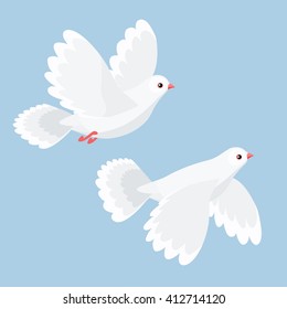 Vector Illustration Of Two Cartoon Doves Flying 