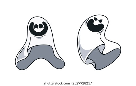 Vector Illustration Of Two Cartoon Ghosts With A Happy And An Angry Expression. Perfect For Halloween Designs And Decor