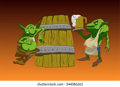 Vector illustration of two cartoon green Goblins or Trolls next to a barrel of ale or beer. One of the Characters is drinking and the other one is an INN or tavern owner.