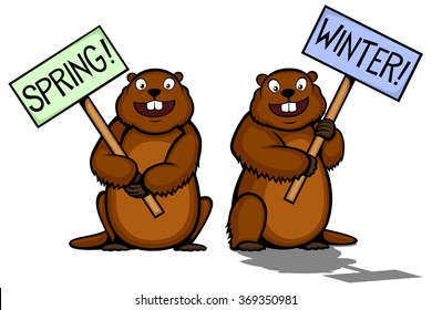 Vector illustration of two cartoon groundhogs, one seeing his shadow and lobbying for winter, one hoping for spring.