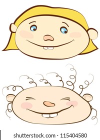 Vector illustration of two cartoon heads of a boy and a girl