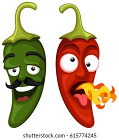 Vector illustration of two cartoon jalapeno peppers, one green and mild, the other red hot.