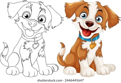 Ilustración vectorial de dos cachorros de dibujos animados, coloreados y perfilados.