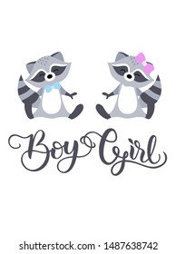 Vector illustration with two cartoon raccoons. Boy and girl. Funny animals. Design for album, book, postcard. Newborn, birthday, kids party. Birth announcement. Raccoons on a white background.