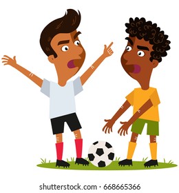 Vector illustration of two cartoon soccer players disagreeing and gesturing whilst standing on football field isolated on white background