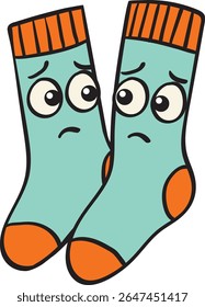 Vector illustration of two cartoon socks with expressive eyes and emotions, featuring bold outlines and vibrant colors