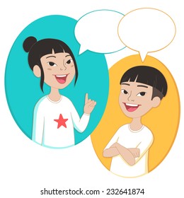  Ilustración vectorial. Dos niños de dibujos animados retratan, hablan burbujas con espacio vacío para el texto. Niña y niño asiáticos hablando, haciendo y respondiendo preguntas, asesorando, ayudando. 
