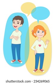 Vector illustration. Two cartoon style kids portrait, speak bubbles with empty space for text. Caucasian girl and boy talking, asking and answering questions, advising, helping.