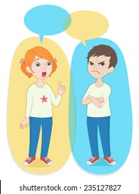 Vector Illustration. Two Cartoon Style Kids Portrait, Speak Bubbles With Empty Space For Text. Caucasian Girl And Boy Arguing.