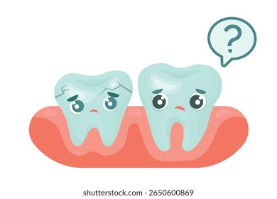 Ilustração vetorial de dois dentes de desenhos animados sentados em gengivas vermelhas. Dente com recheio rachado. Caracteres dentários bonitos para clínicas dentárias e odontologia.