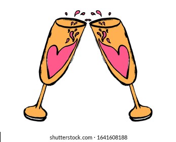 Vector illustration with two cartoon toasting champagne glass and ornate heart in them on white background. Grunge glasses and hearts in flat art for Valentines design and coloring book