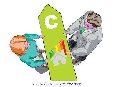 a vector illustration, two cartoons characters with house logo energy efficiency on white background ( top view )