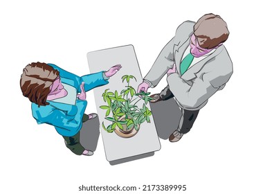 ilustración vectorial, dos personajes de dibujos animados con una mesa y una planta, sobre fondo blanco ( vista superior )