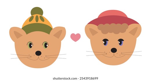 Vector illustration of two cat faces with hats and a heart symbol.