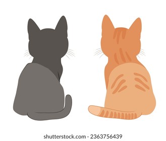 Ilustración vectorial de dos gatos negros y rojos de vuelta a la cámara sobre fondo blanco. Vista trasera de animales domésticos