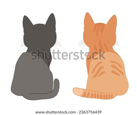 Vector illustration of two cats black and red back to camera on white background. Rear view of domestic kitty animals