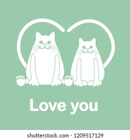 Vector illustration of two cats with heart shaped tails. Love, romantic concept. Happy Valentine's Day. Design for greeting card, party card, banner, poster or print.