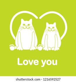 Vector illustration of two cats with heart shaped tails. Love, romantic concept. Happy Valentine's Day. Design for greeting card, party card, banner, poster or print.