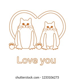 Vector illustration of two cats with heart shaped tails. Love, romantic concept. Happy Valentine's Day. Design for greeting card, party card, banner, poster or print.