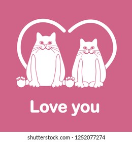 Vector illustration of two cats with heart shaped tails. Love, romantic concept. Happy Valentine's Day. Design for greeting card, party card, banner, poster or print.