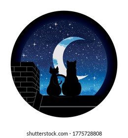 Imagen vectorial de dos gatos enamorados sentados en el techo contra el fondo del cielo estrellado y la luna. Kitty y tomcat. El gato es un hombre y una mujer.