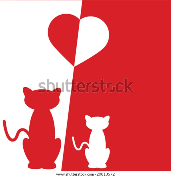 Vector illustration of two cats\
in love, one red and one white, with a divided heart atop\
them