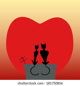 vector illustration of two cats on the rooftop on background of sunset heart
