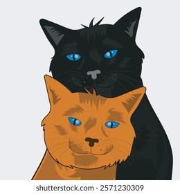 Vector illustration of two cats, one black and one orange, with striking blue eyes, symbolizing companionship or love