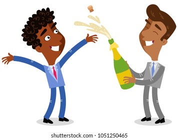 Vector illustration of two celebrating cartoon businessmen opening champagne bottle isolated on white background