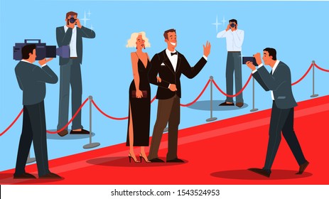 Vector illustration of two celebrity on the red carpet, waving to photographer and paparazzi. Famos and beautiful actor and actress walk to ceremony event.