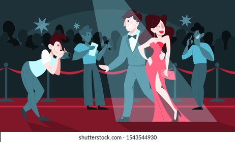 Vector illustration of two celebrity on the red carpet, posing to photographer and paparazzi. Famos and beautiful actor and actress walk to ceremony event.