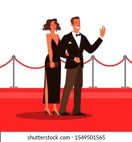 Vector illustration of two celebrity on the red carpet, waving to photographer and paparazzi. Famos and beautiful actor and actress walk to ceremony event.