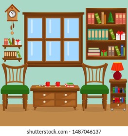 Vector illustration with two chairs, bookcase, window and lamp. The interior of the living room.