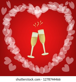 Vector illustration of two champagne glasses in hearts frame.Valentines day or wedding design