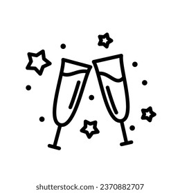 Vector illustration of two champagne glasses with sparkles and stars. Minimal icon in line style for Christmas and new year celebration. Simple design for a party, anniversary, jubilee or birthday.