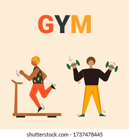 Vector illustration of two characters doing sports, people sports activities, healthy lifestyle, two guys doing sports, fitness people vector flat style